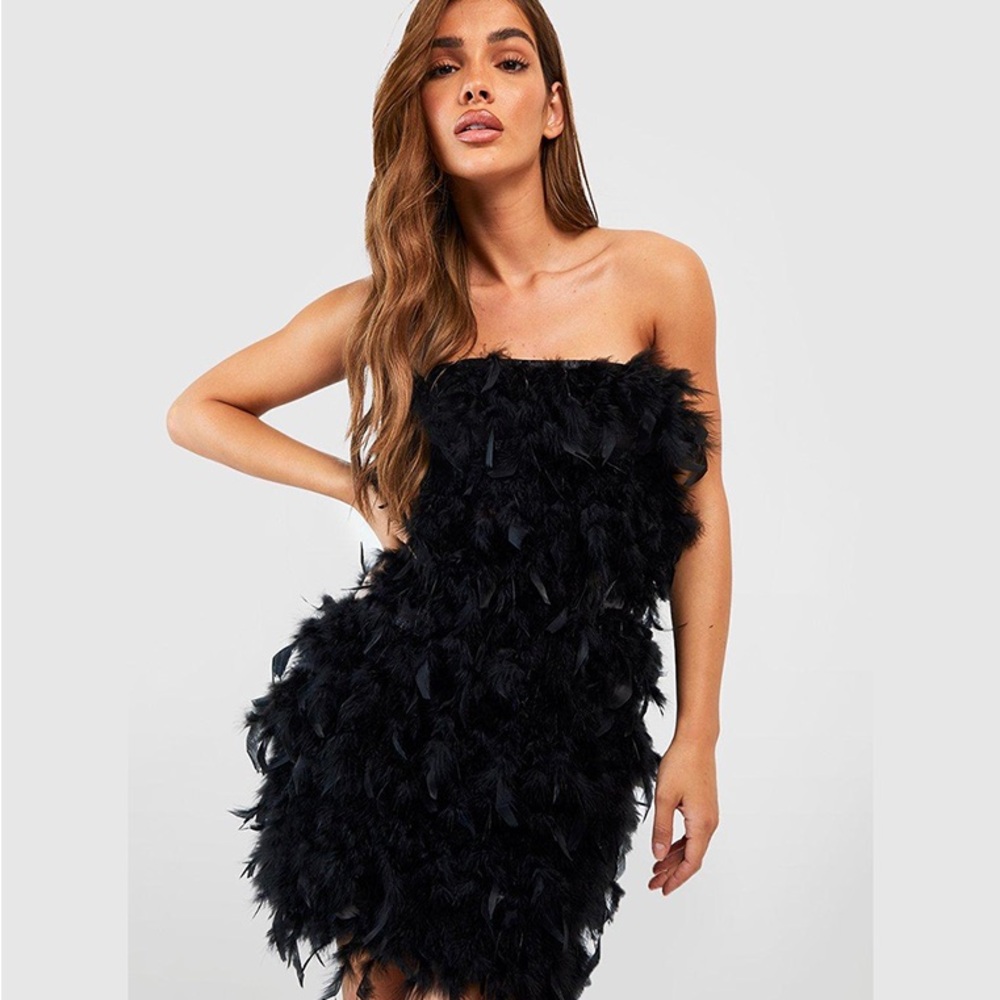 Boohoo Black Strapless Feather Dress